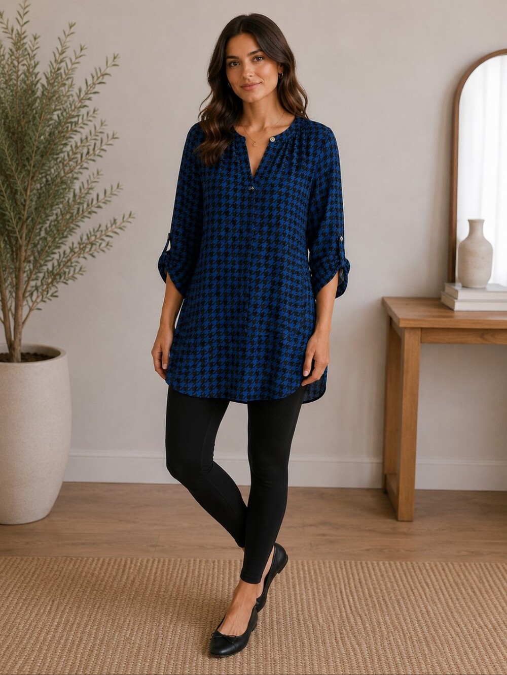 Anne Klein Blue and Black Houndstooth Roll-Sleeve Tunic